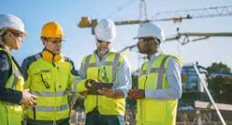 Workmen in hard hats looking at a clipboard 